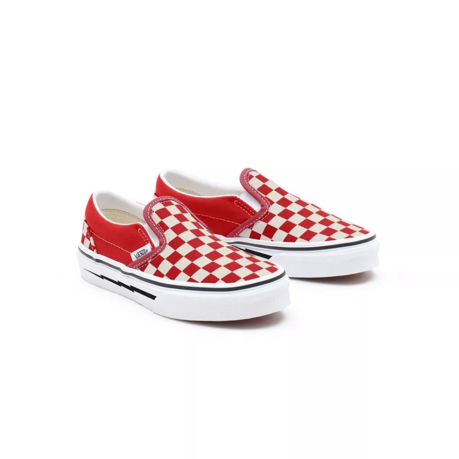 Vans Kids Customs Slip-on Damier Rouge (4-8 Ans)