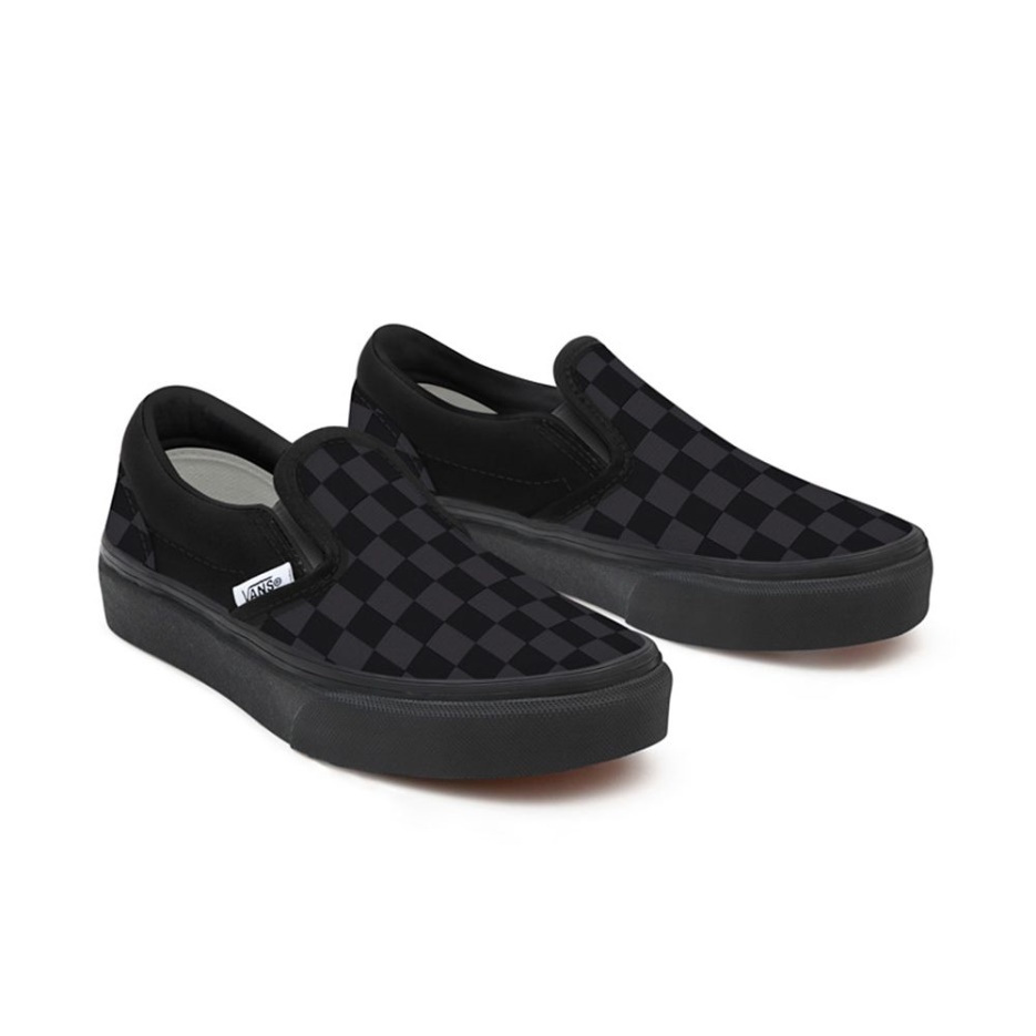 Vans Kids Customs Total Black Checkerboard Slip-on (4-8 Ans)