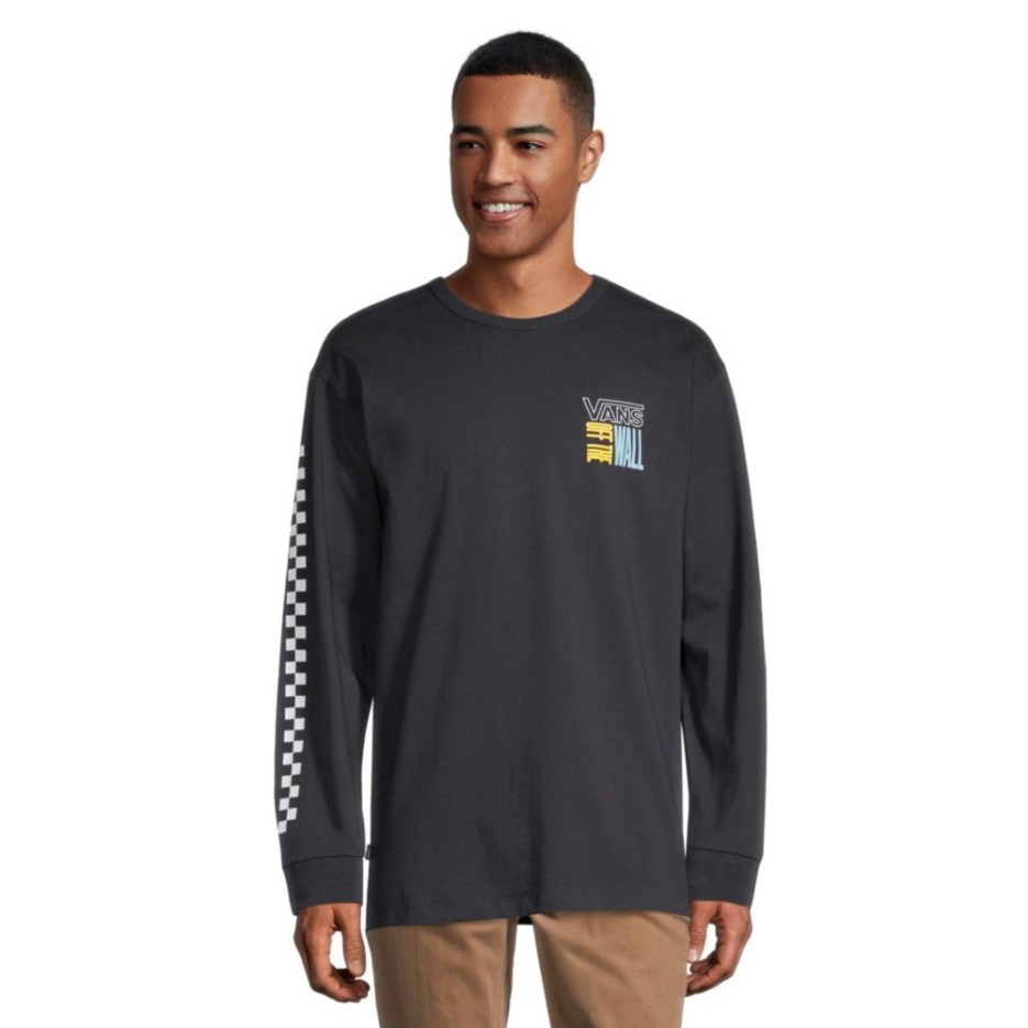 Vans Off The Wall Stacked Up T Shirt Homme Manches Longues Col Ras Du Cou Coton Graphique Noir